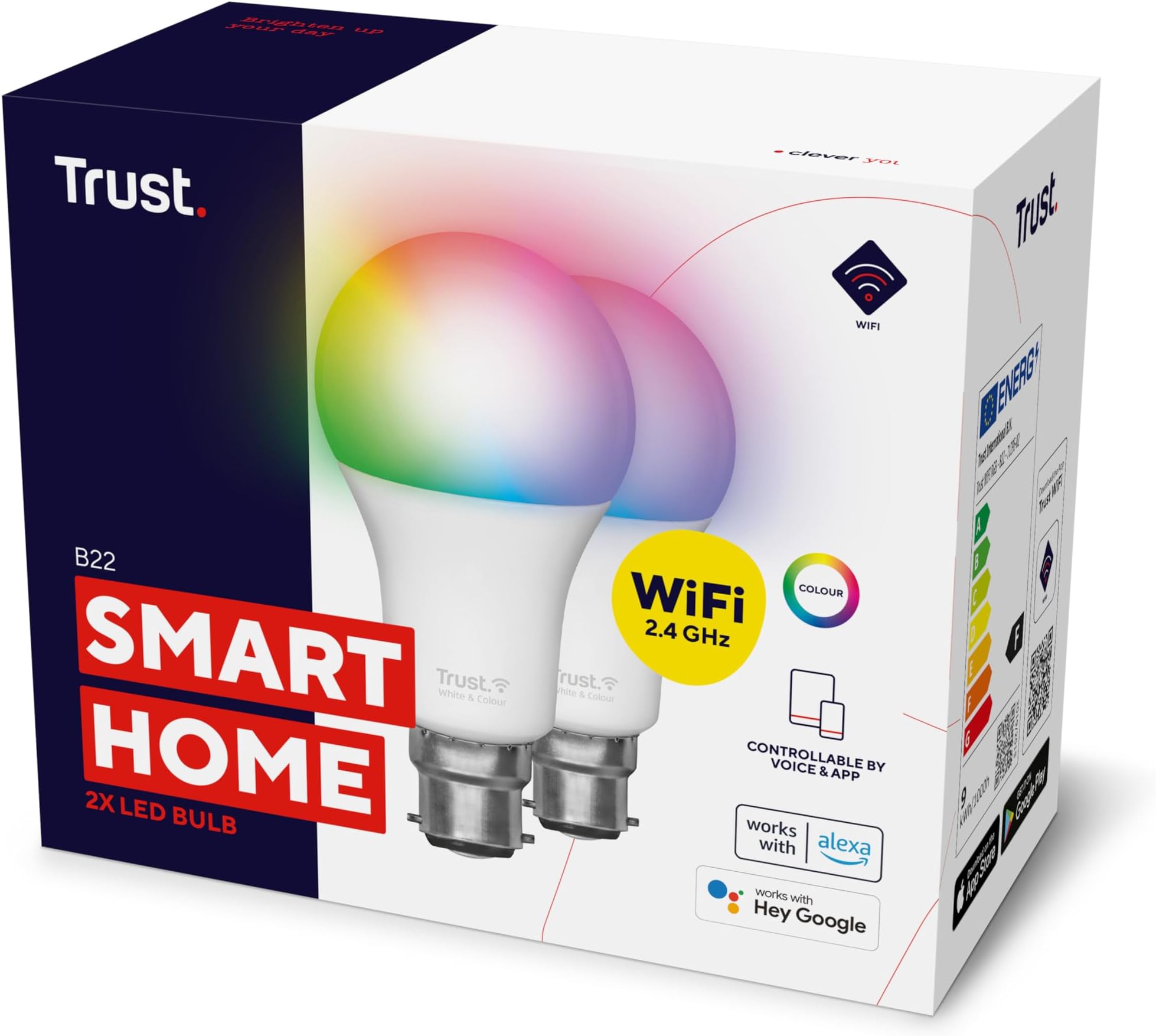 B22 Smart Bulb WiFi Colour Changing Dimmable, 2 Pack | 1800-6500K, 9W, 806 Lumens, 2.4GHz WiFi, App for Android and iOS, Compatible with Alexa & Google Home, No Hub Required