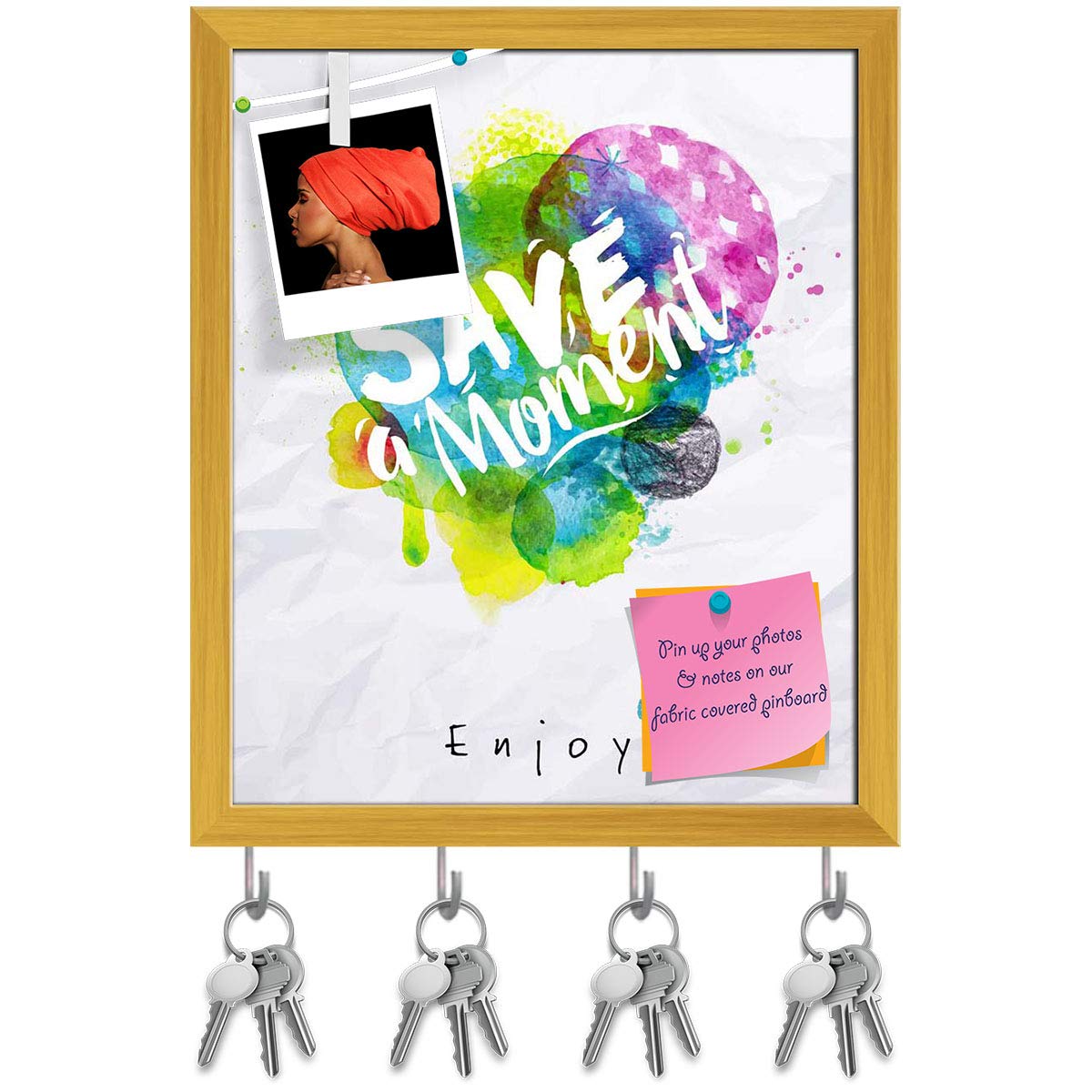 ArtzFolio Save The Moment Key Holder Hooks | Notice Pin Board Soft Board | Golden Frame 16 x 19.2 Inch
