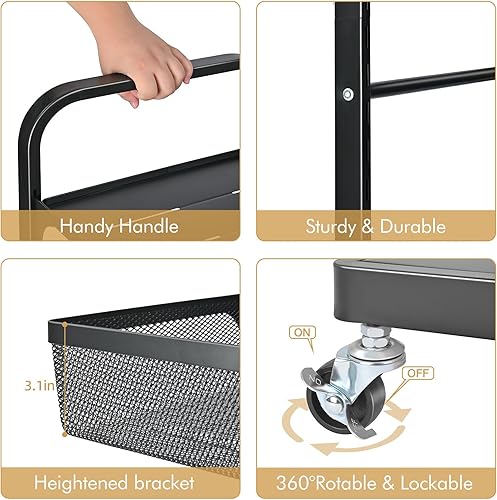 Miniatura 5 de TOOLF Carrito de almacenamiento rodante, carrito utilitario de metal de 4 niveles con ruedas, carrito organizador de cocina de altura ajustable,