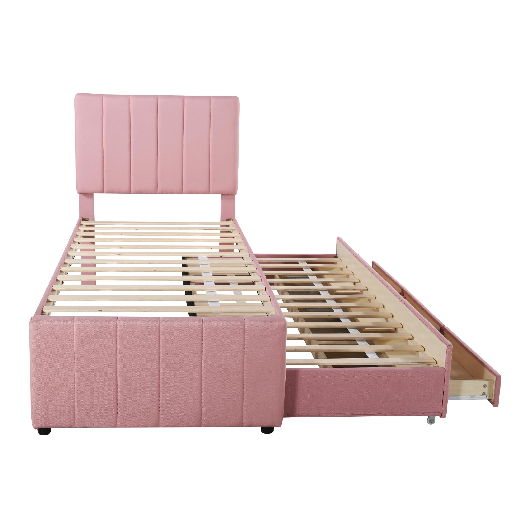 SACOOL Cama tapizada, 90 x 200 cm, con cama plegable y cajones de almacenamiento, acolchado de lino agradable para la piel, cama individual, cama infantil, cama juvenil, cama de invitados (rosa)