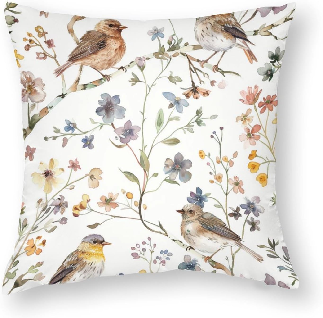2 Packs Flower Watercolor Throw Pillow Covers for Living Room, Abstract Bird Floral Plants Pillow Covers Cushion Case for Couch Sofa Bed, 12x12 inch