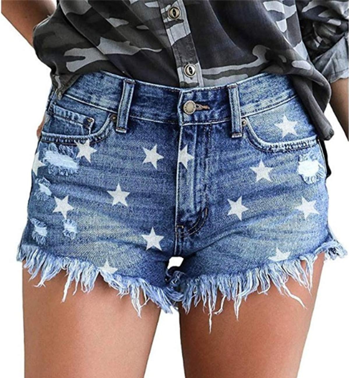 Women Denim Shorts Ripped Mid Waisted Jean Shorts with Pockets