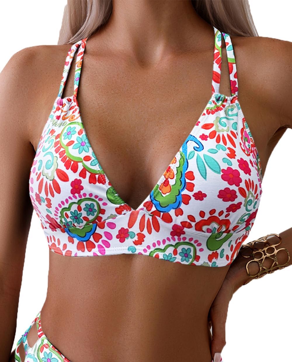 Tainehs Women's Push Up V Neck Bikini Tops Criss Cross Back Padded Bathing Suit Top Only