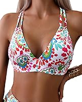 Tainehs Women's Push-Up V-Neck Bikini Top Criss-Cross Back Padded Swimsuit Top with Removable Pads