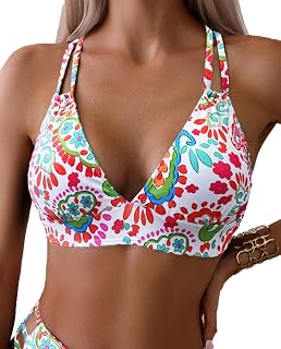 Tainehs Women's Push-Up V-Neck Bikini Top Criss-Cross Back Padded Swimsuit Top with Removable Pads