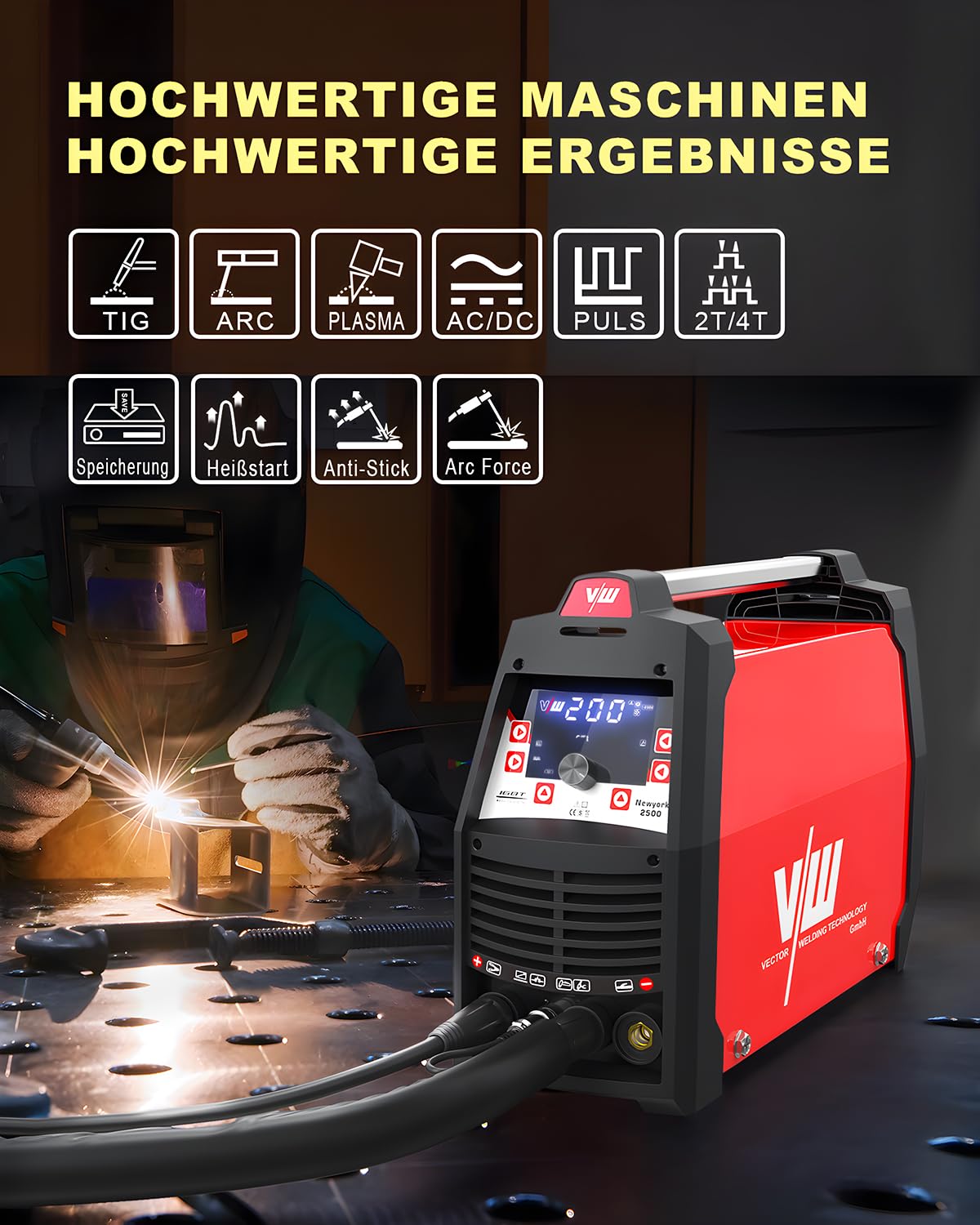 Saldatrice TIG 5 in 1 per Alluminio e Plasma, TIG AC/DC, MMA, Pulse - Funzioni VRD, Anti-incollaggio e 9 Memorie - HF, VRD, Anti-incollaggio - VECTOR WELDING