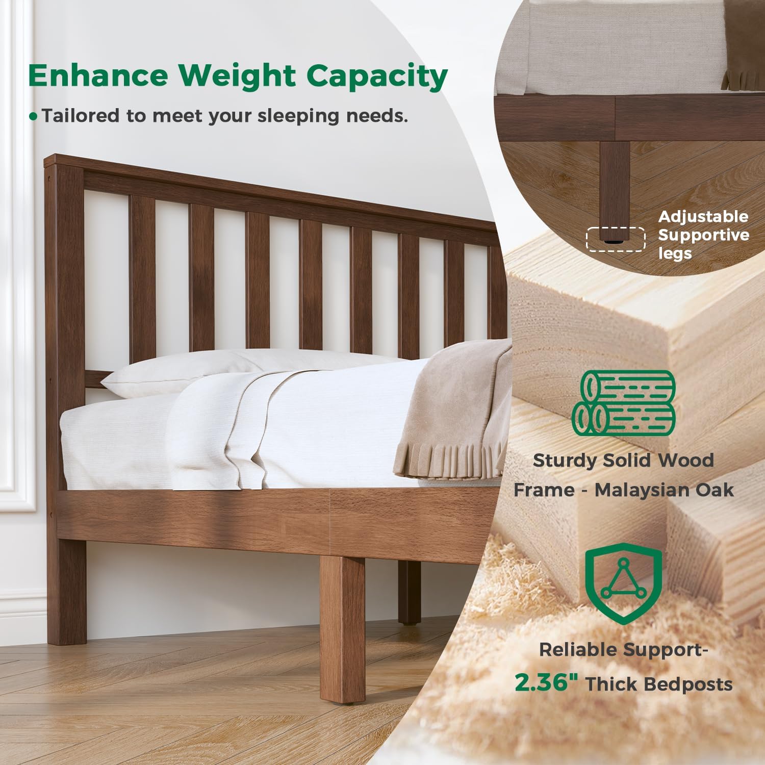 DELAVIN King Size Bed Frame and Headboard, Mid Century Modern Platform Bed, Malaysian Oak Bed with 12 Slats Support,Solid Wood Function, No Box Spring Needed, Easy Assembly, King, Antique Espresso