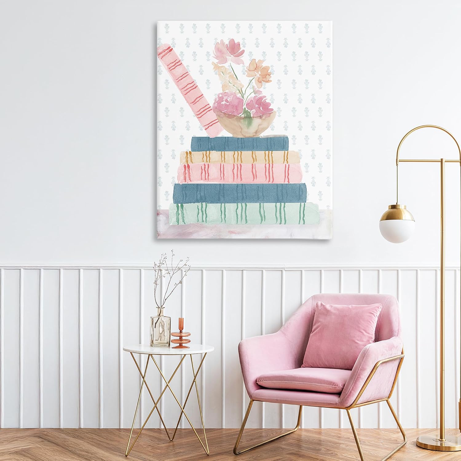 Pastel Flowers and Books, 24 x 30 Inch Canvas Wall Art | Stupell Industries · By Lucille Price · Ready to hang · Perfect for bedroom or nursery · Made in USA