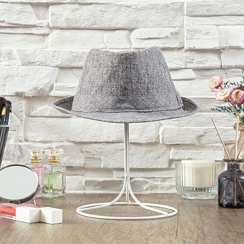 Miniatura 4 de MyGift Soporte para sombreros de 11 pulgadas con cúpula de 6.5 pulgadas, soporte de exhibición moderno de metal de alambre blanco independiente,