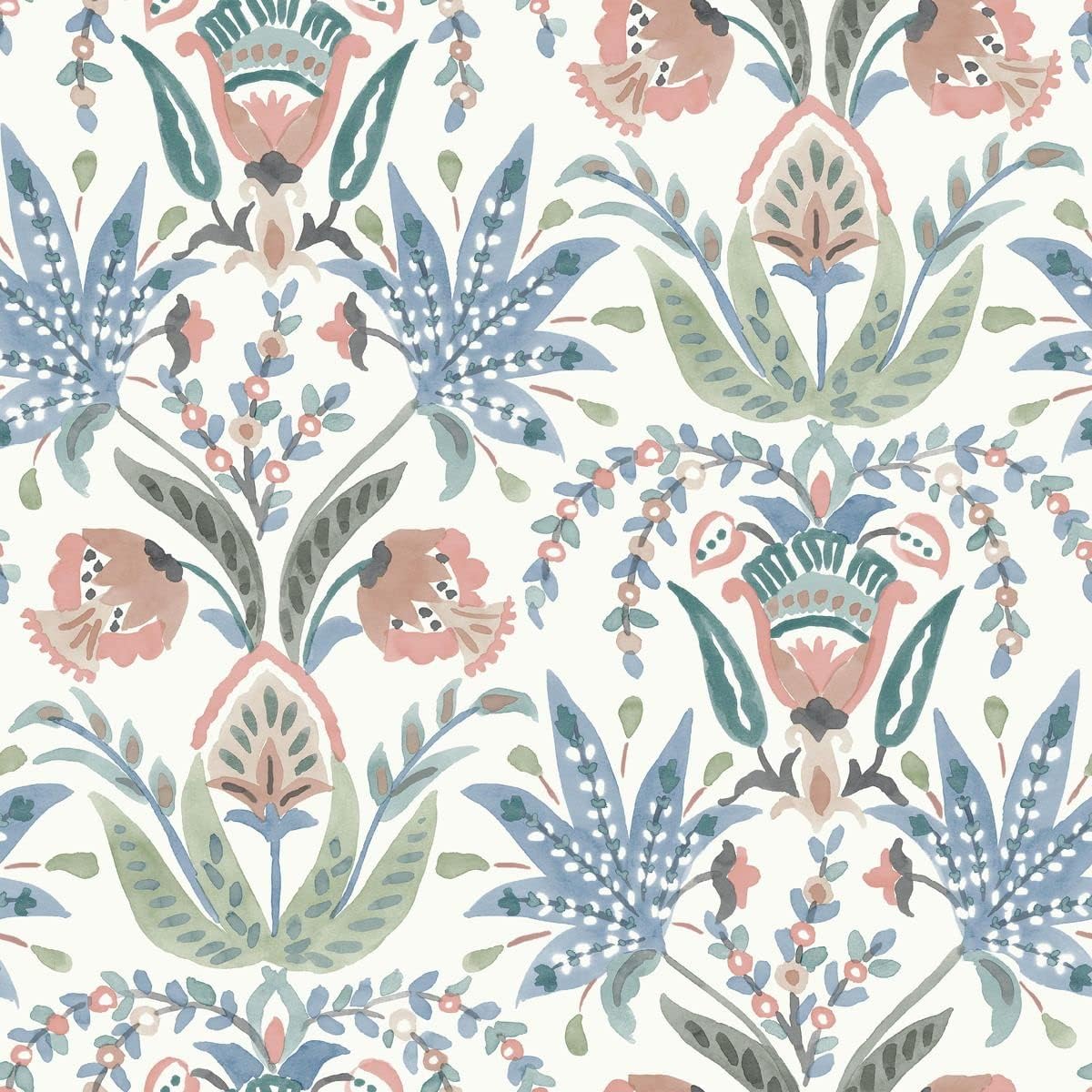 MN1912 Seaside Jacobean Wallpaper White/Pink/Blue from Mediterranean by York Wallcoverings