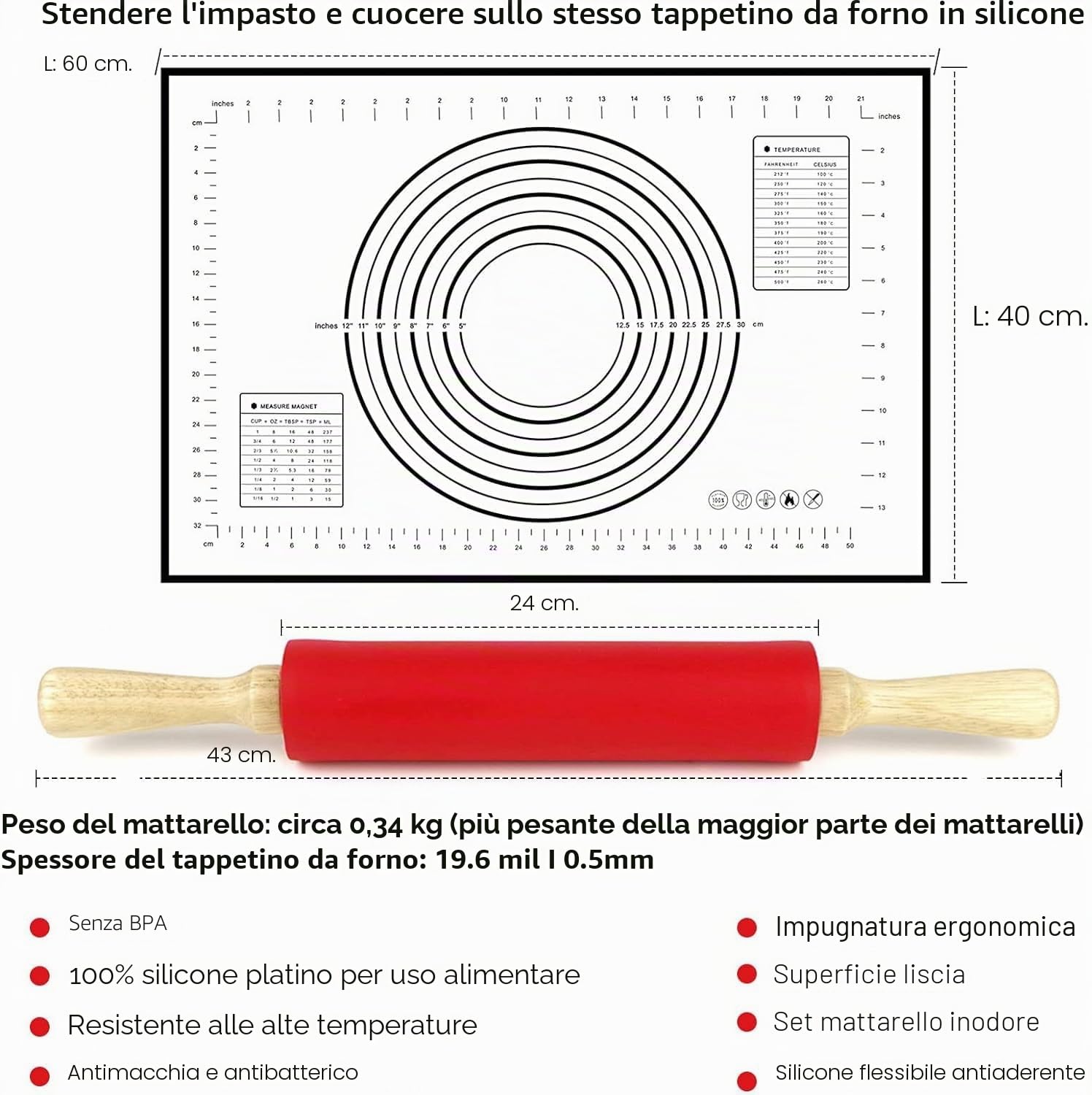 BOCHION Mattarello Antiaderente in Silicone, Mattarello con Manici in Legno, con Tappetino da Forno in Silicone, Mattarelli Acciaio Inox per Pasta, Pizza, Biscotti, Pasticceria, Fondente (43cm)