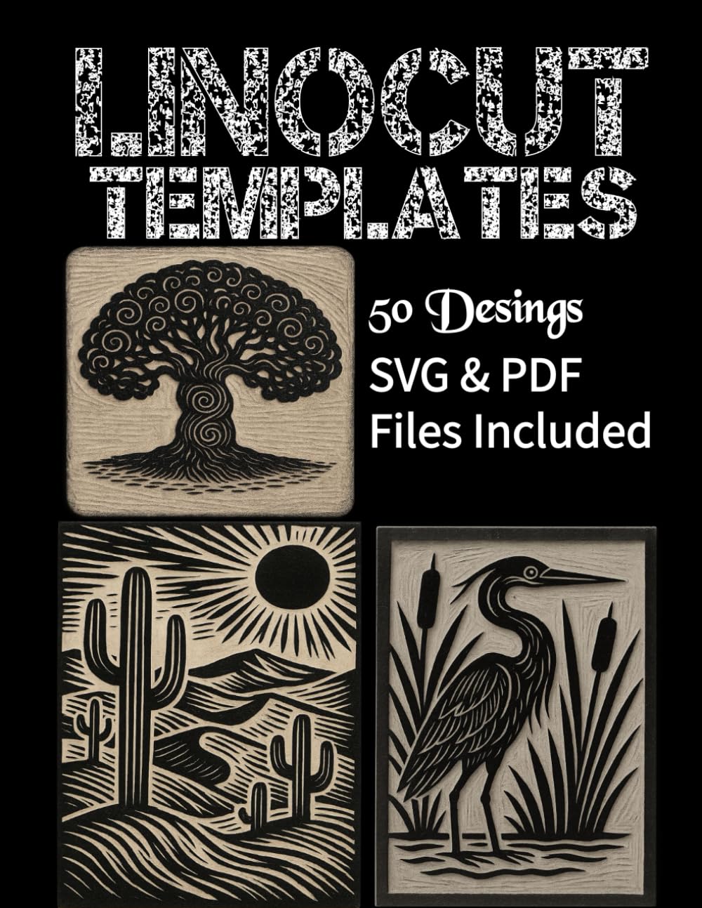 Linocut Templates Nature & Animal: 50 Printable Motifs | PDF File via QR Code | Woodland Creatures, Landscapes, Flowers & Wildlife Patterns