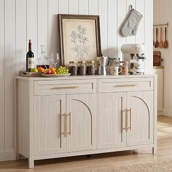 Mid-Century Modern Arched Sideboard, 55" Buffet Cabinet with Storage, 4-Door Accent Cabinet, Long Sideboard Buffet Table for Kitchen, Living Room, White
