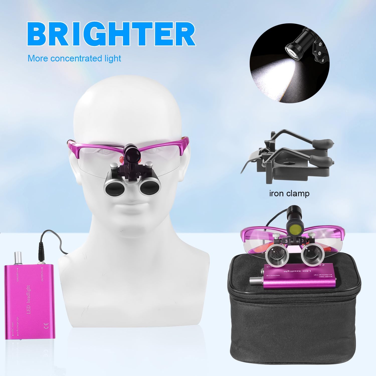 3.5X 420mm Working Distance Optical Glass Surgical Binocular Loupes and 5W Spotlight LED Head Light Lamp with Filter with Two Type Clips Cloth Bag Style(Purple)
