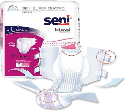 Seni Super Quatro Unisex Incont. Briefs with Tabs, Regular, 40-50 in, 40 ct | Disposable Overnight Briefs for Men & Women