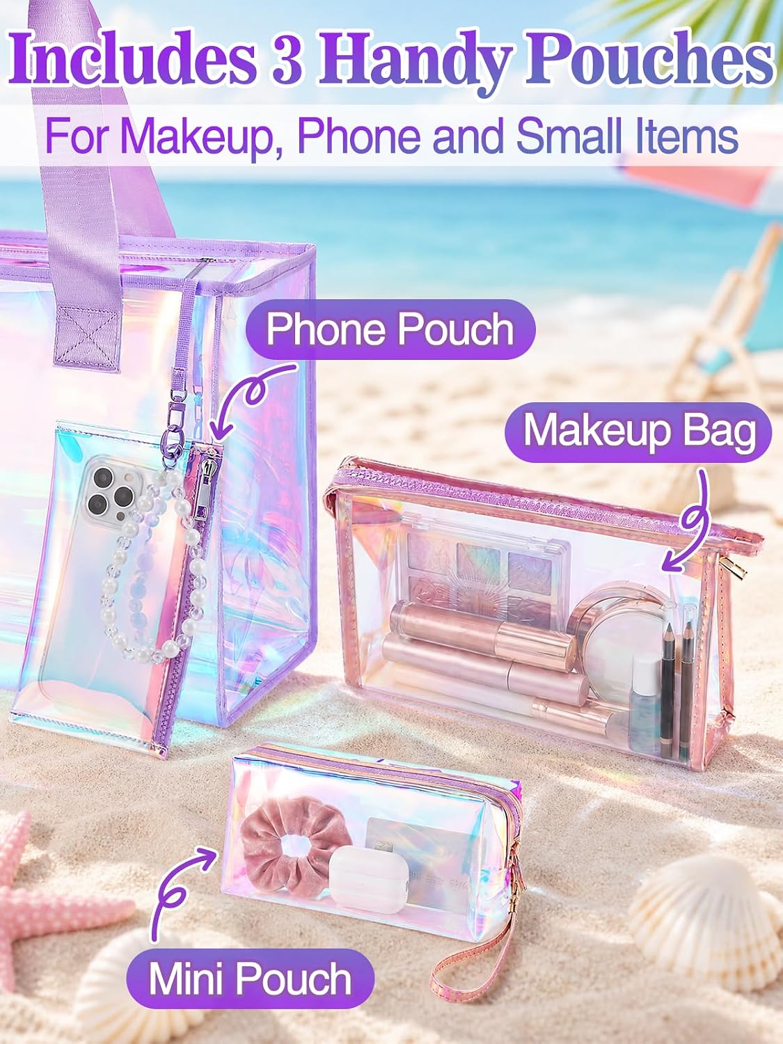 Cosweet 26L Iridescent Beach Tote Bag with 3 Small Pouch for Phone/Makeup -Waterproof Clear Jelly Bag for Women Travel Gifts