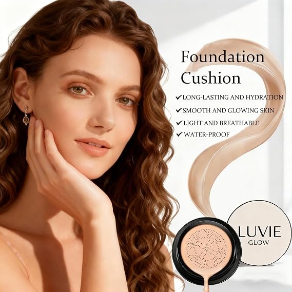 2026 New Luvie Glow Foundation Cushion, Mushroom Head Air Cushion CC Cream, Luvie Glow Makeup - Moisturizing Concealer Brighten Long-Lasting, Natural BB Cream for All Skin Types (Ivory)