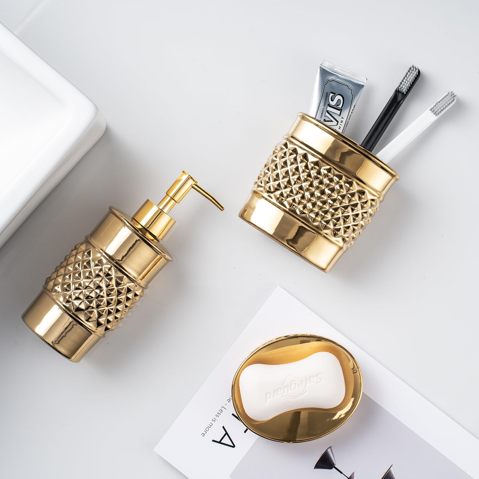 Bathroom Accessory Set, 3-Piece Ceramic Bath Accessories Set with Tray, Lotion Dispenser, and Tumbler