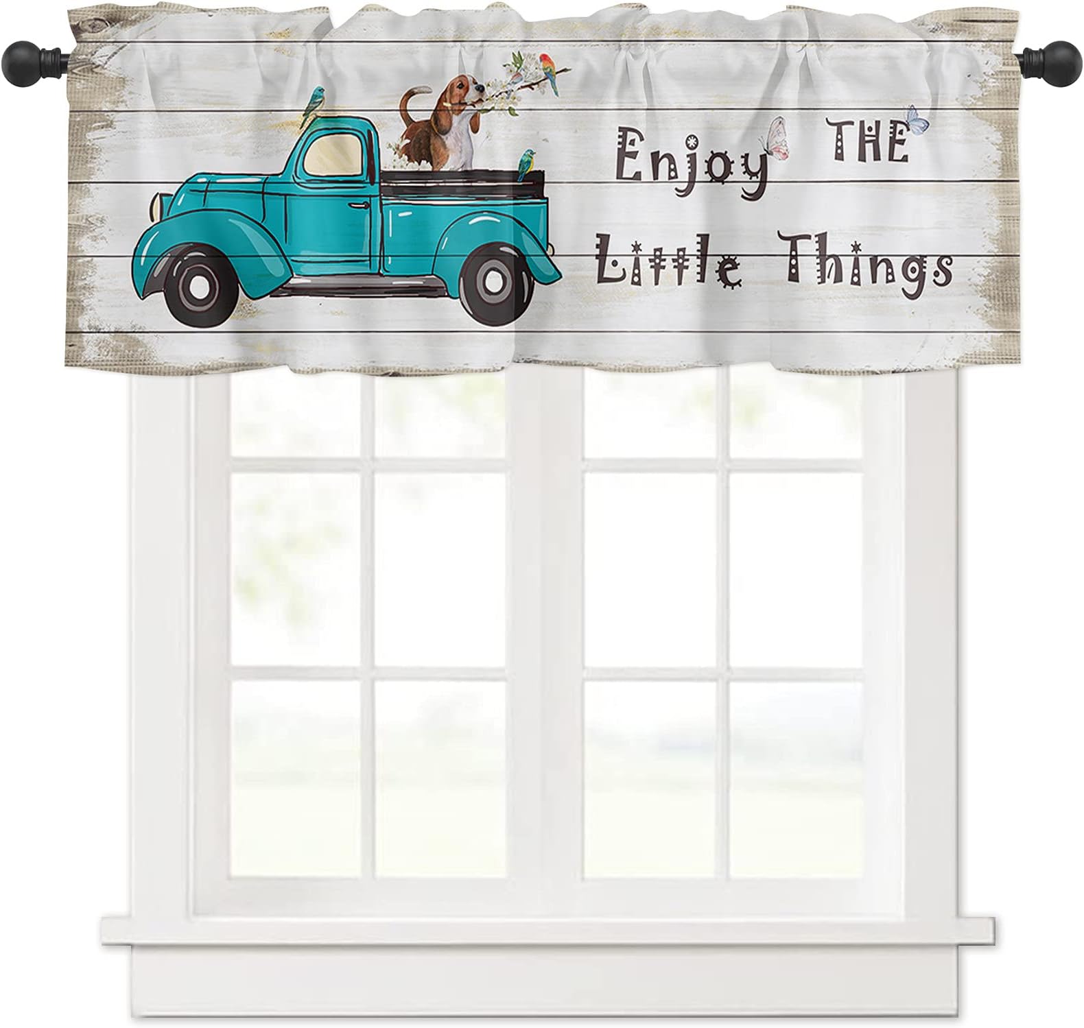 Window Valance Rod Pocket Panel for Kitchen Bedroom Windows Dog Butterfly Bird Farm Truck Valances Short Curtain Bathroom Treatment Drapes Country Vintage Wooden Board