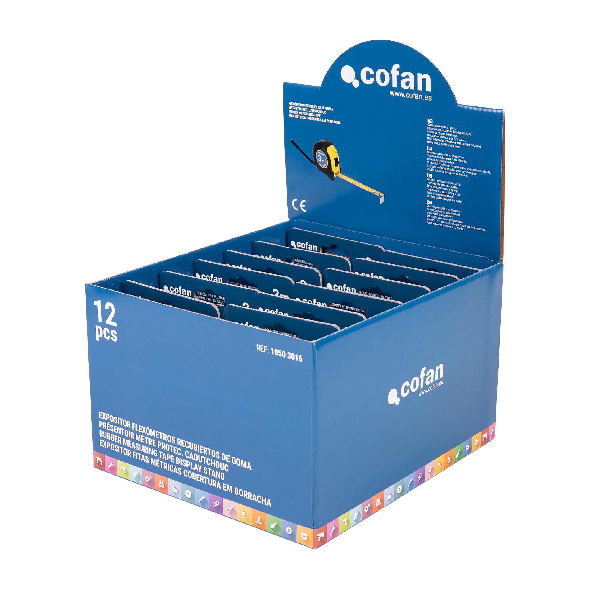 Cofan Espositore per flessometri con protezione in gomma di Cofan | Include 12 flessometri | Flexometro 3 m x 16 mm (foglia) | Misura espositore: 21,8 x 24,5 x 15,3 cm