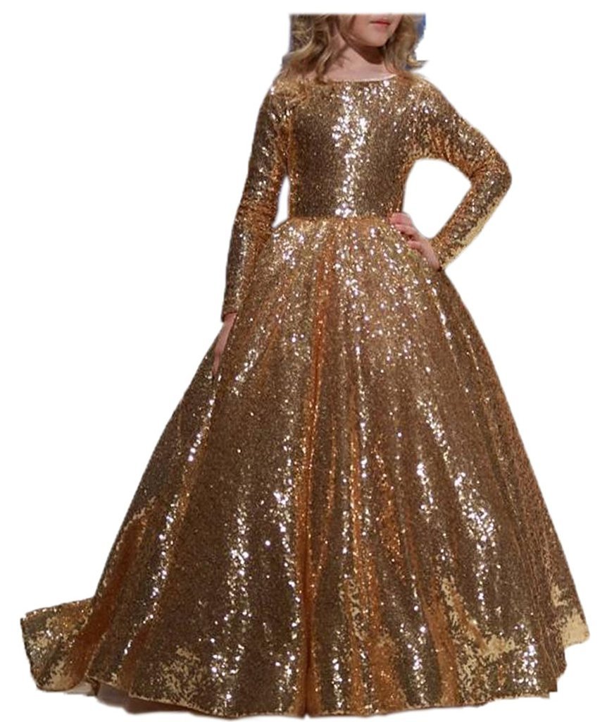 HEVECI Hengyud Gold Sequins Toddler Pageant Dresses Long Sleeves Prom Dress for Girls 135