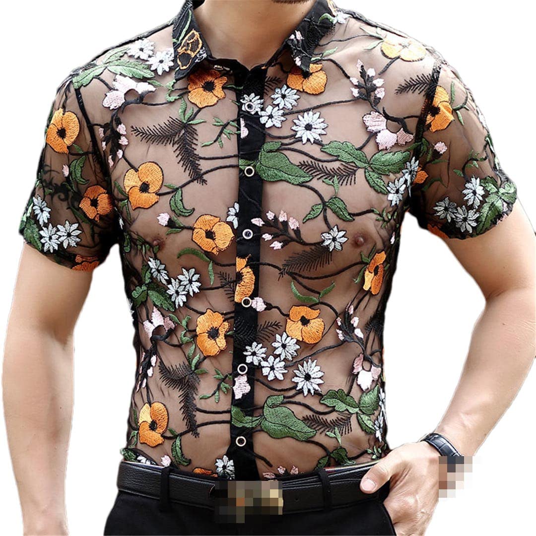 Deepsko Herren Transparent Hemd Sommer Hohlnetz Blumen Stickerei Spitze Kurzarm Oberteil