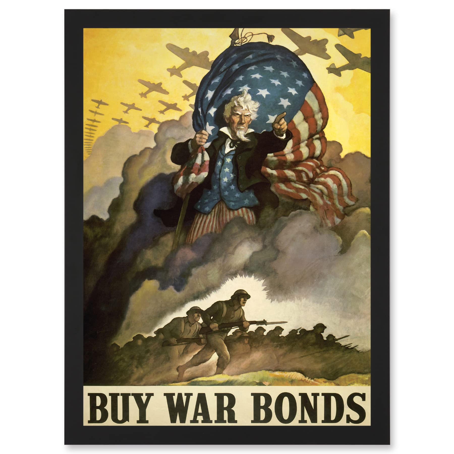 Artery8 Advert Military WWII War USA Uncle Sam Buy Bond Stars Stripes Flag Artwork Framed Wall Art Print A4