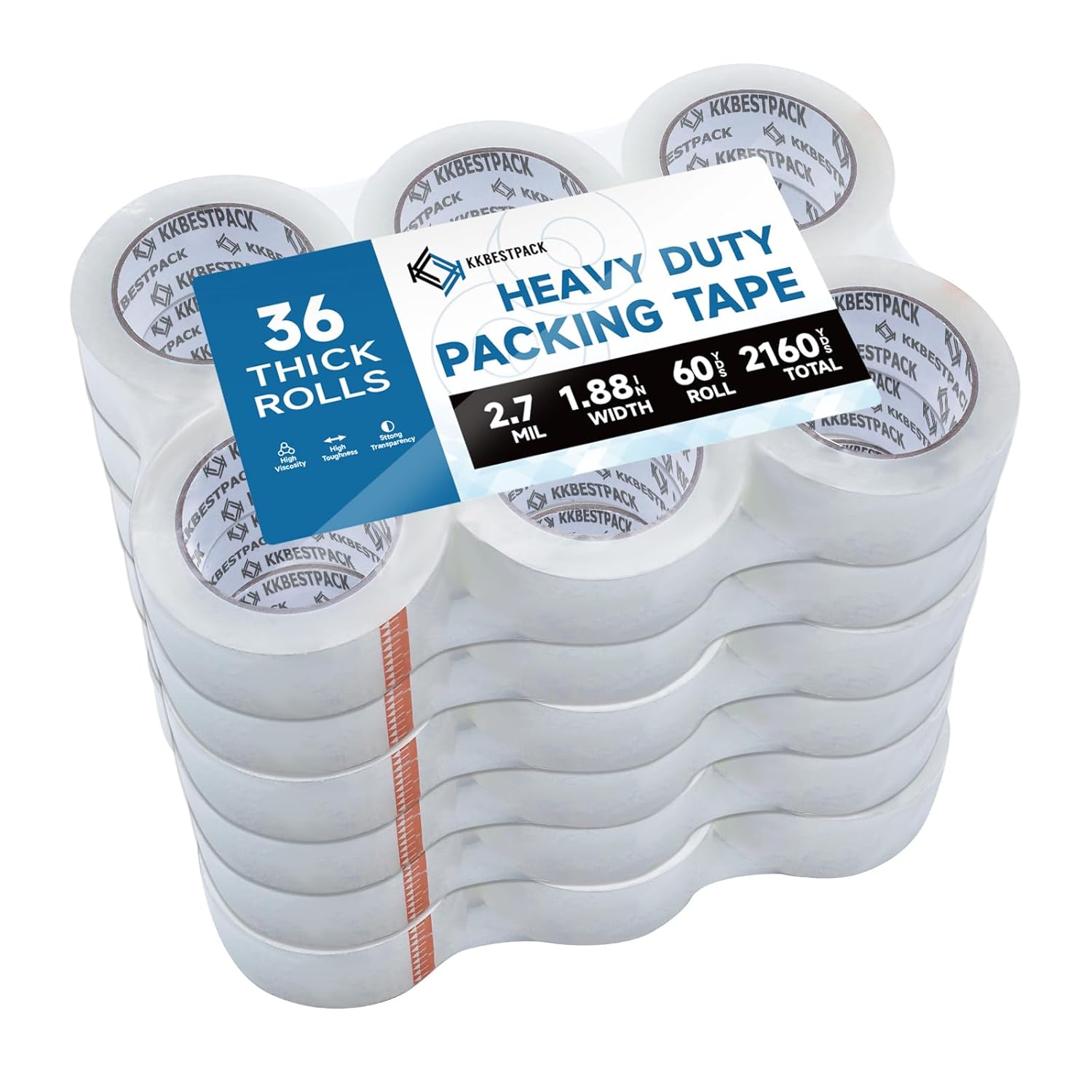 KKBESTPACK Heavy Duty Packing Tape, 12 Rolls – 1.88" x 60 Yards – Clear Shipping & Packaging Tape for Moving Boxes & Storage