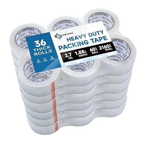 KKBESTPACK Cinta de embalaje resistente, 36 rollos, 1.88 pulgadas x 60 yardas, cinta transparente de envío y embalaje para cajas de mudanza y