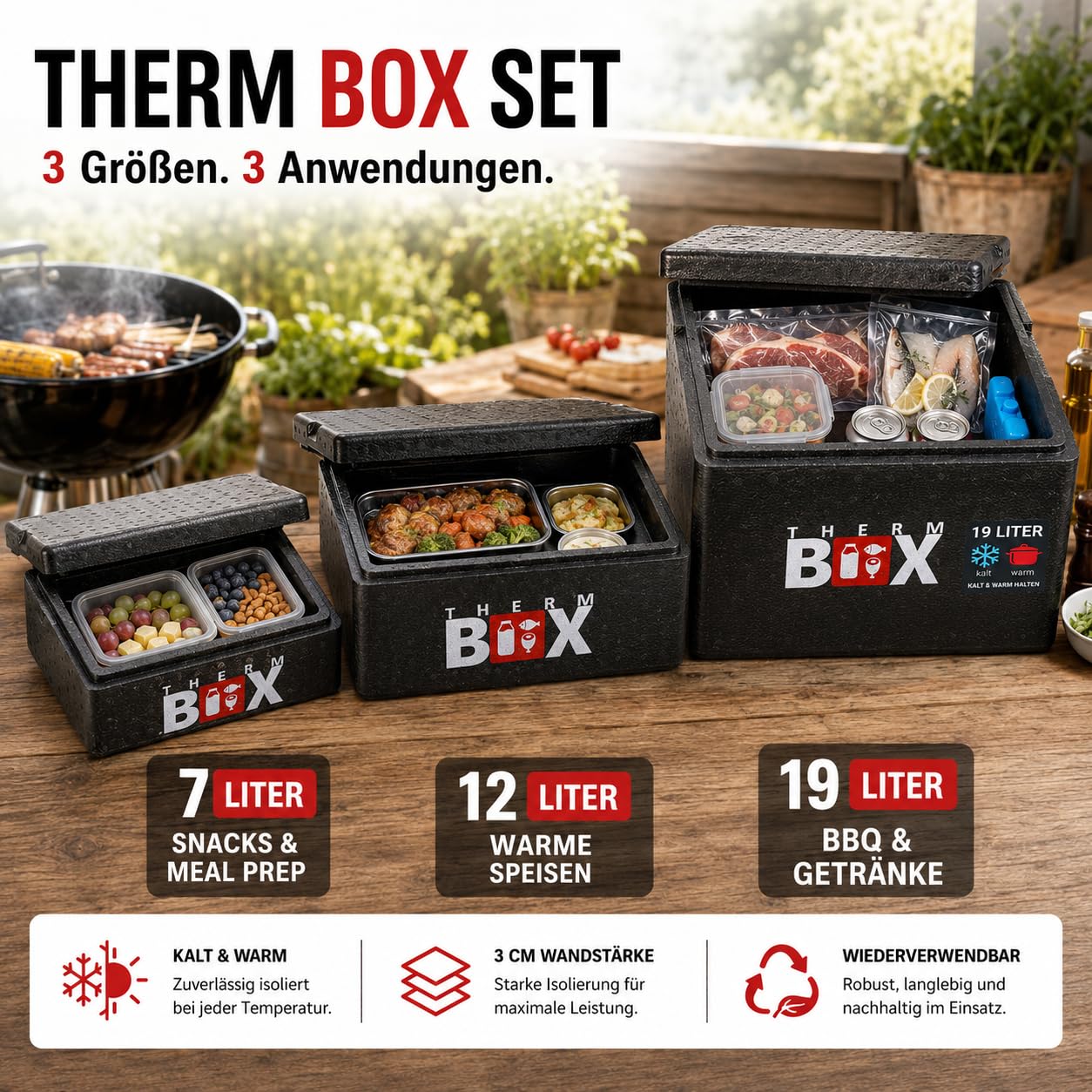 THERM BOX 3er Set Thermobox 7B 12B 19B Innen L33,5 x B23,5 cm Innenhöhen 9/15/27cm Wandstärke 3cm Isolierbox Kühlbox Warmhaltebox Styroporbox Wiederverwendbar