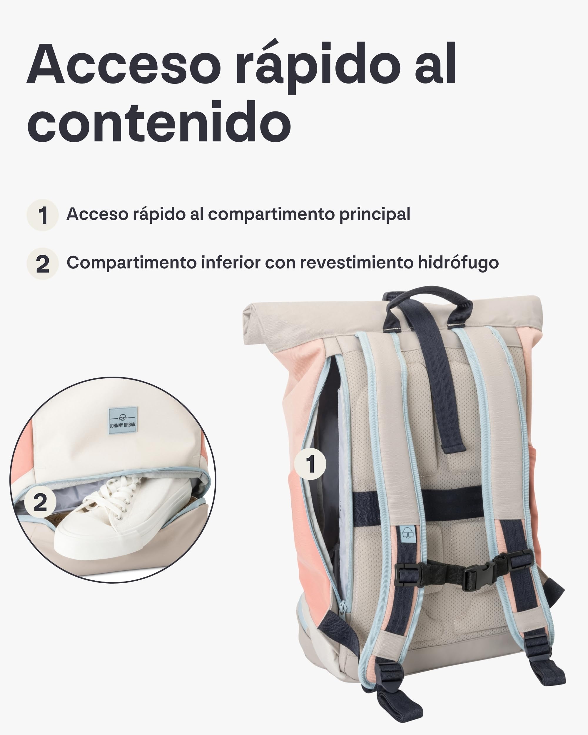 Johnny Urban Mochila Enrollable Mujer Beis Rosa - Allen Medium - Bolso para Viaje, Universidad, Trabajo - Compartimento para Portátil - Repelente al Agua