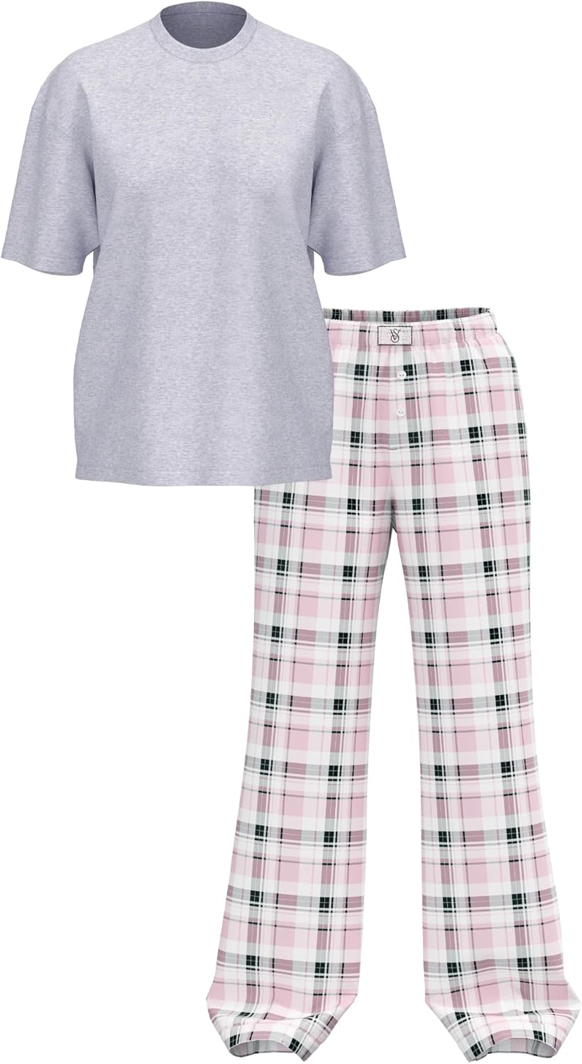 Victoria's Secret Tee Pajama Set, Short Sleeve Cotton T Shirt and Flannel Pants, Sleepwear for Women (XS-XXL) - Image 3