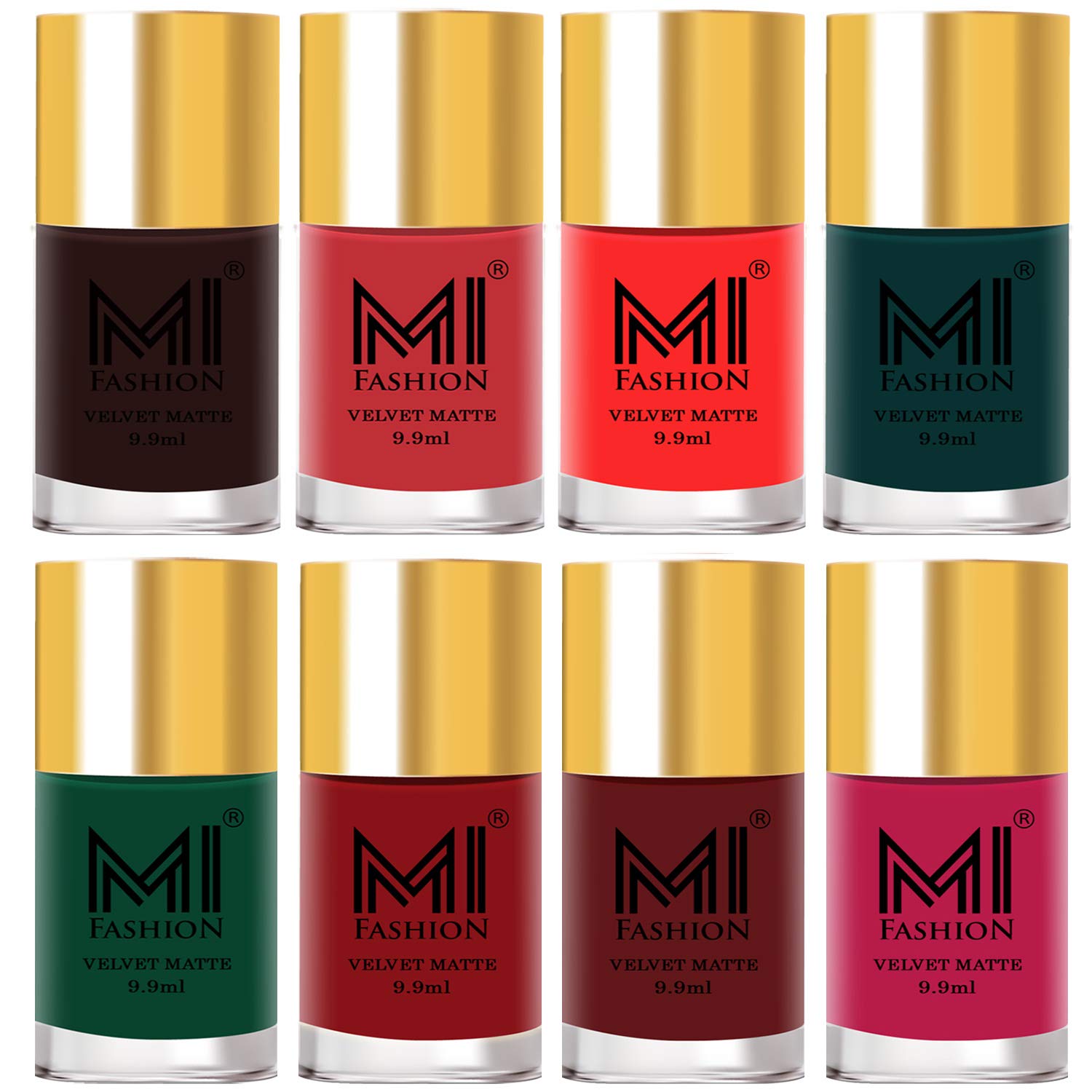 MI FASHION Highly Pigmented Velvet Matte Nail Paint Set Effortless (Matte Effect) Top Coat Mutlicolours Chip Resistant 9.9ml Each (Combos-8)-image-9