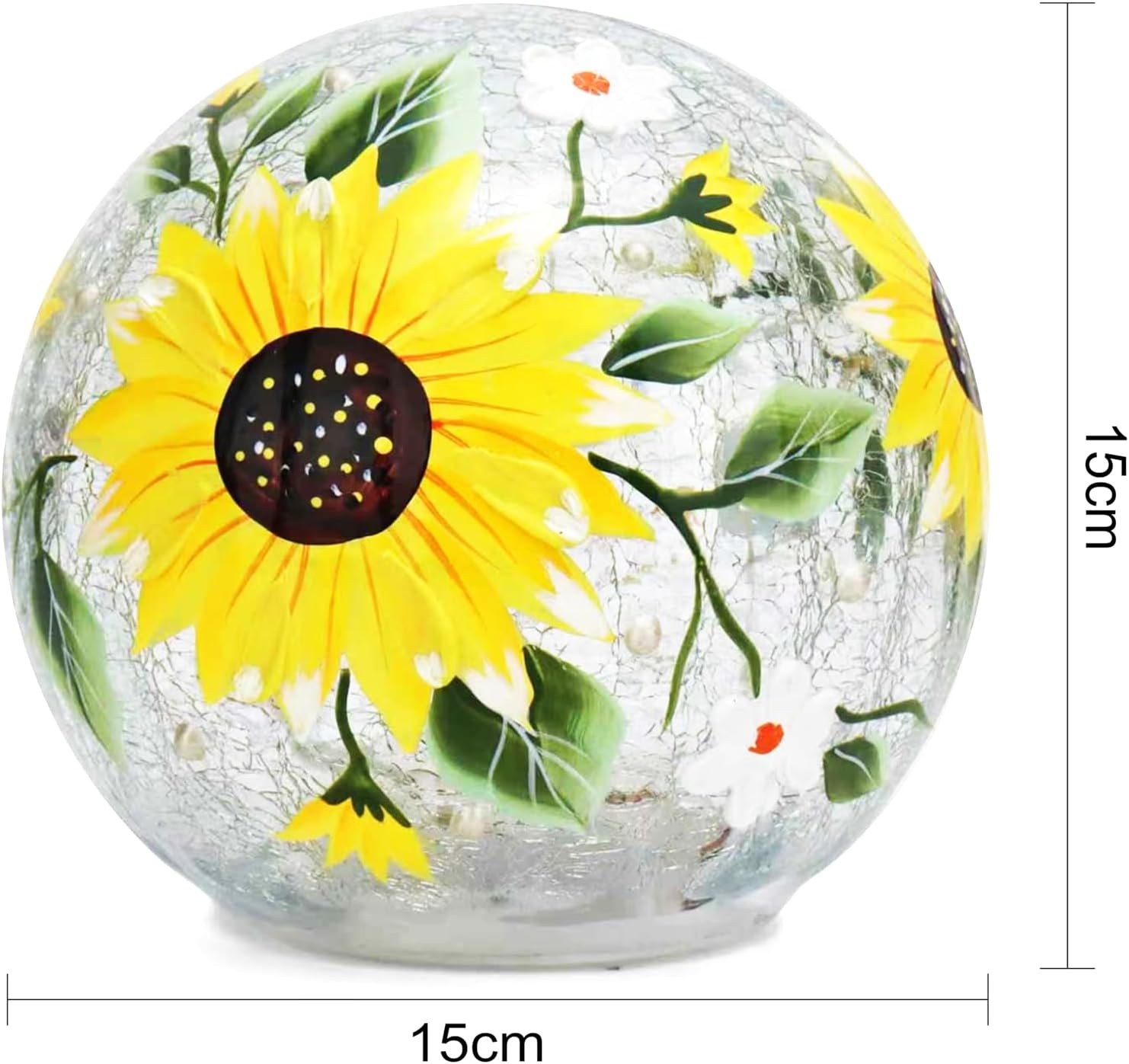 Crackle Glass Ball Lamp, Glass Lighted Globe, Hand-Painted LED Sphere Lamp, Battery Powered Decorative Orb, Warm Night Light for Living Room, Bedroom, Gifts (Sunflower Stained)