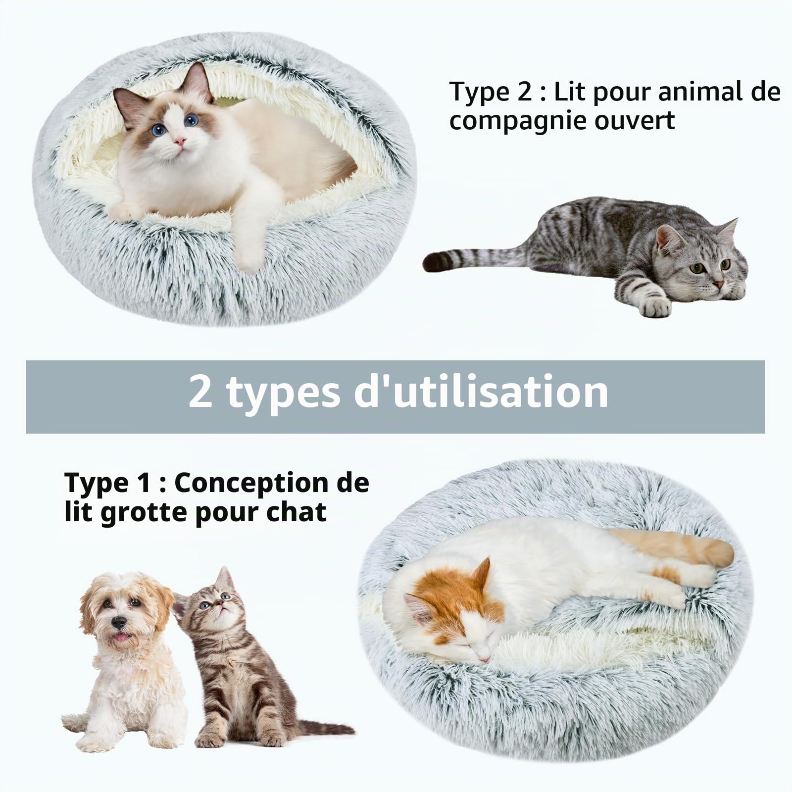 Lits pour Chats, Chat Lit Rond Grotte Peluche Moelleuse Panier Rond pour Chien Coussin Panier Donut Coussin Lavable Amovible Confortable Chaud Antidérapant Ø 50 cm（Gris）