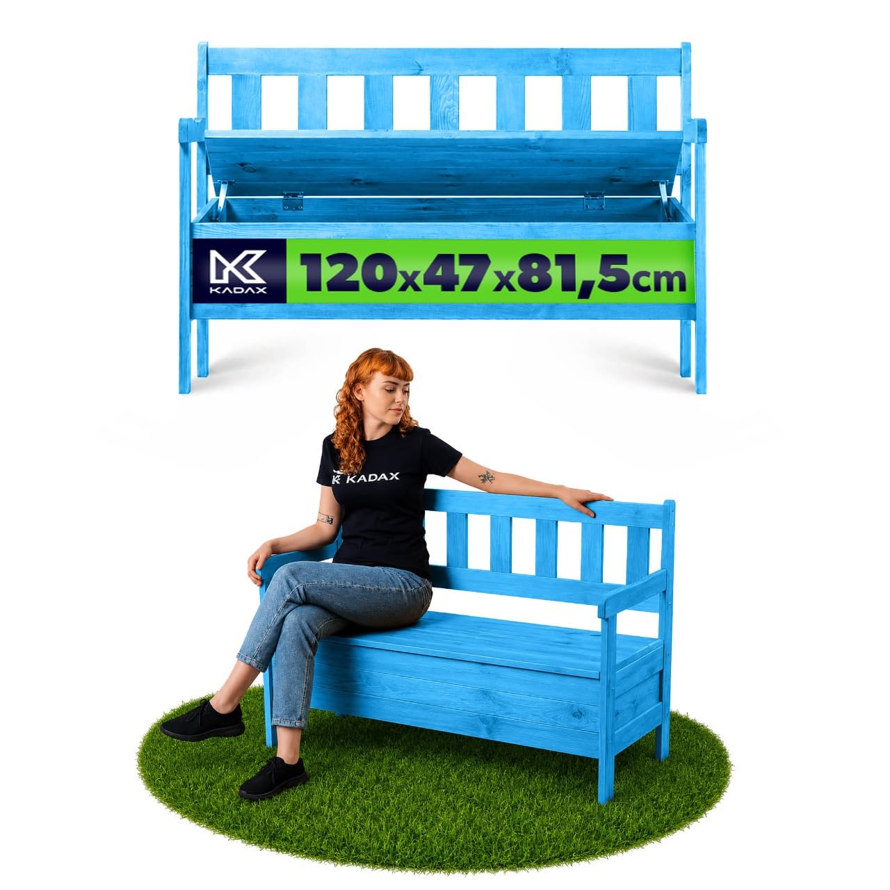 KADAX Panchina da giardino, 119 x 43 x 75 cm, cassapanca in legno con vano portaoggetti e schienale, resistente alle intemperie, per giardino, balcone (Blu)