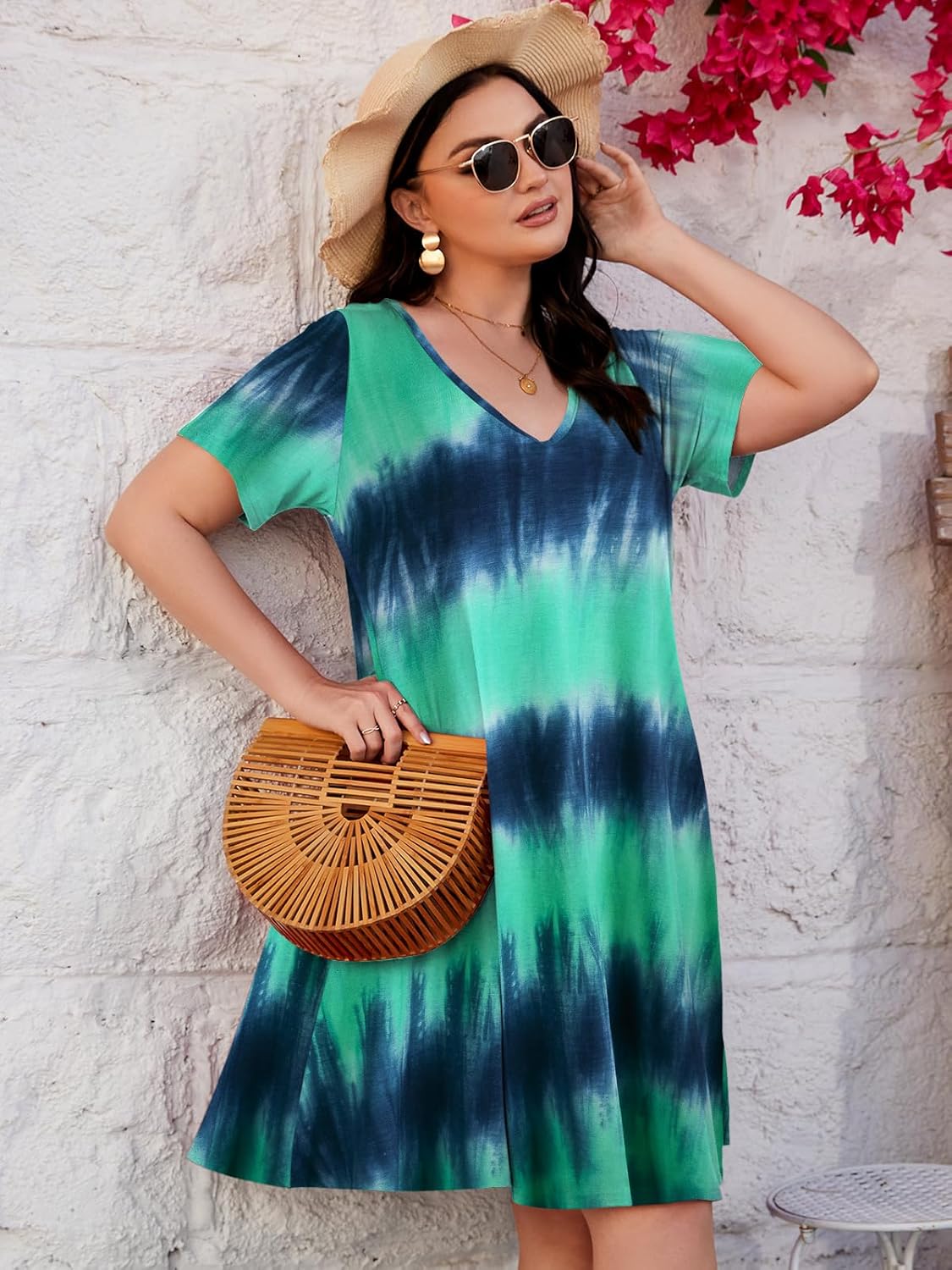 ZENNILO Women's Plus Size Swing Dress with Pockets Casual Summer Dresses V Neck Short Sleeve T Shirt Dress for Women - Image 3