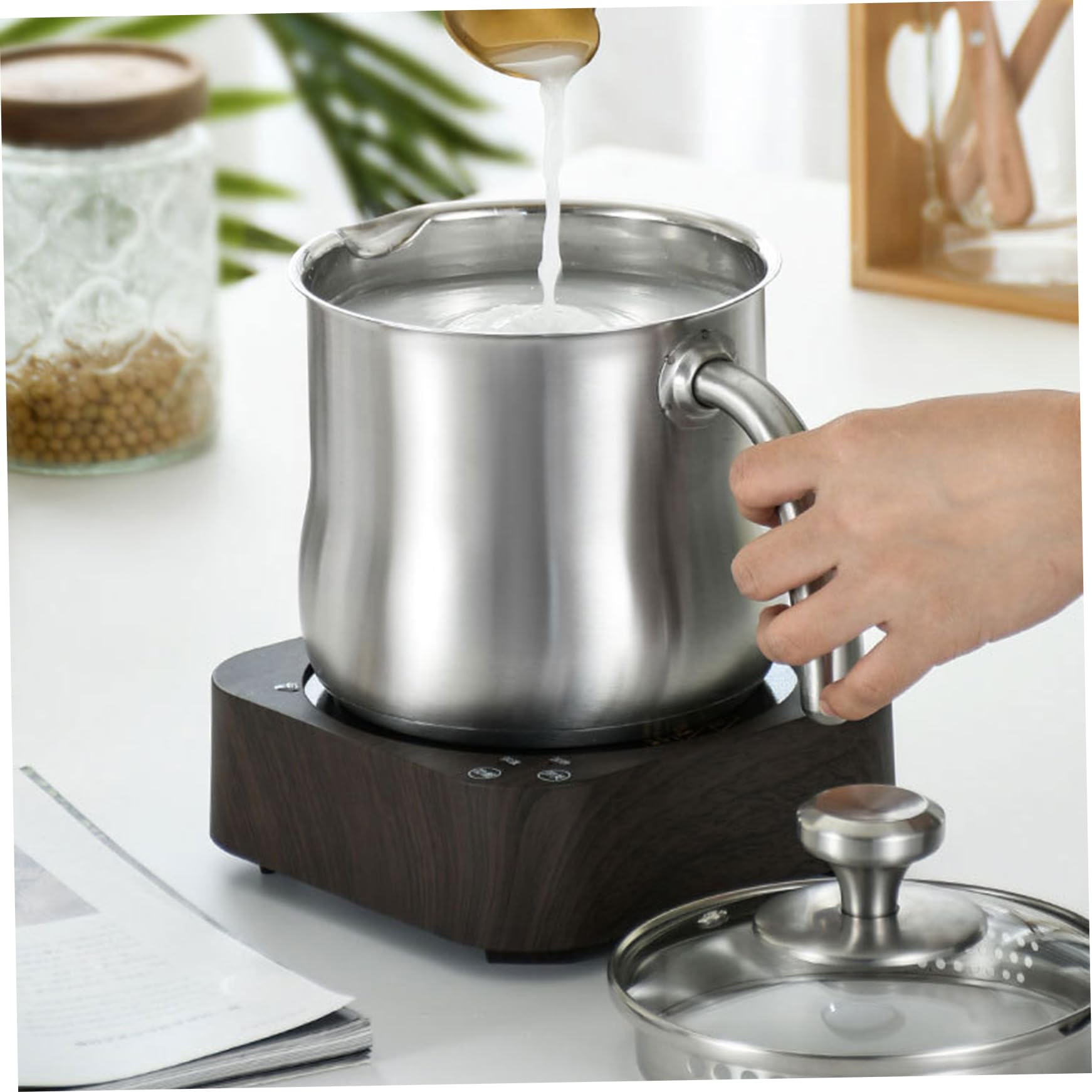 Edelstahl-Kochtopf, 2 l, Milchtopf zum Kochen von Milch, Soße, Soßen, Nudeln, Nudeln, mit Ausgießer, Glasdeckelgriff