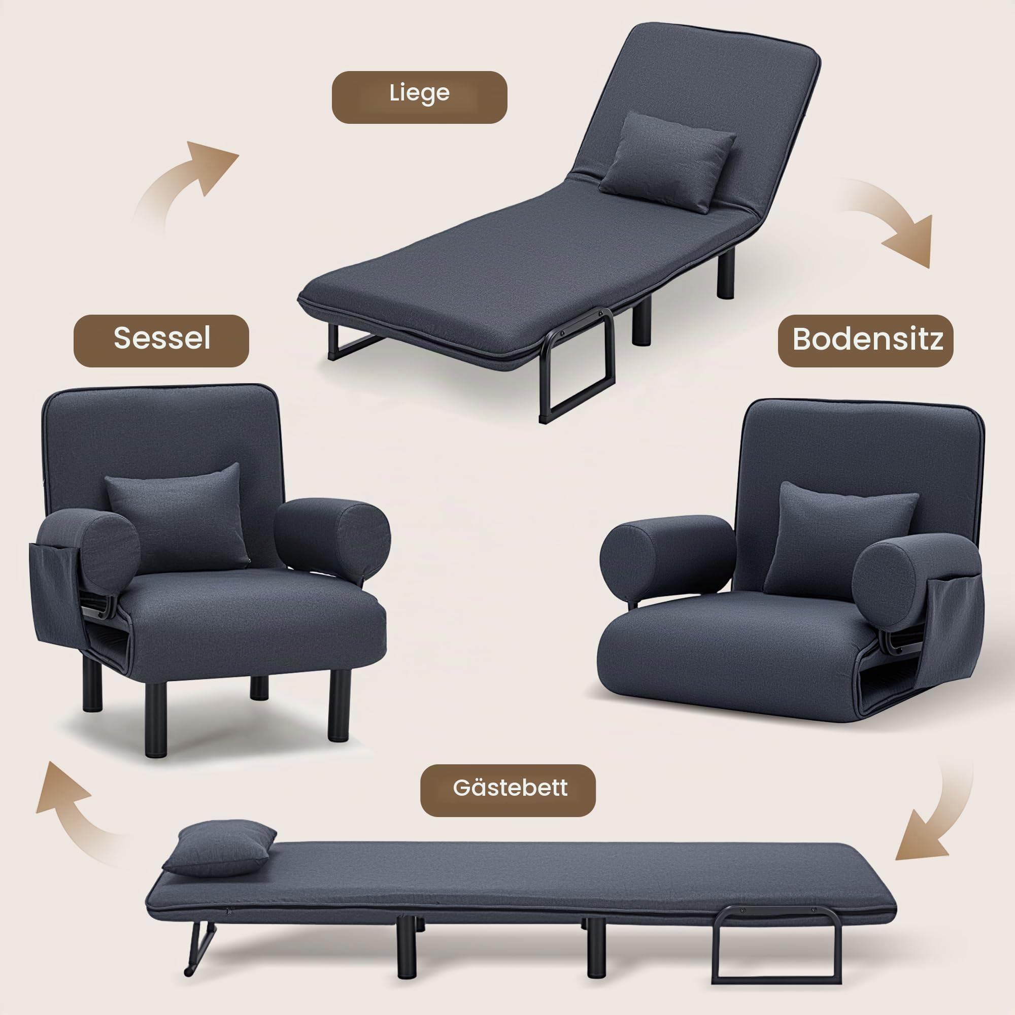YINIX 4 in 1 Schlafsessel mit Bettfunktion, Klappbar Schlafsofa mit weich gepolsterten Armlehnen & Seitentasche, 6-stufig Verstellbar, Gästebett für Büro & Wohnzimmer, Dunkelgrau (63cm-Einzelsitz)