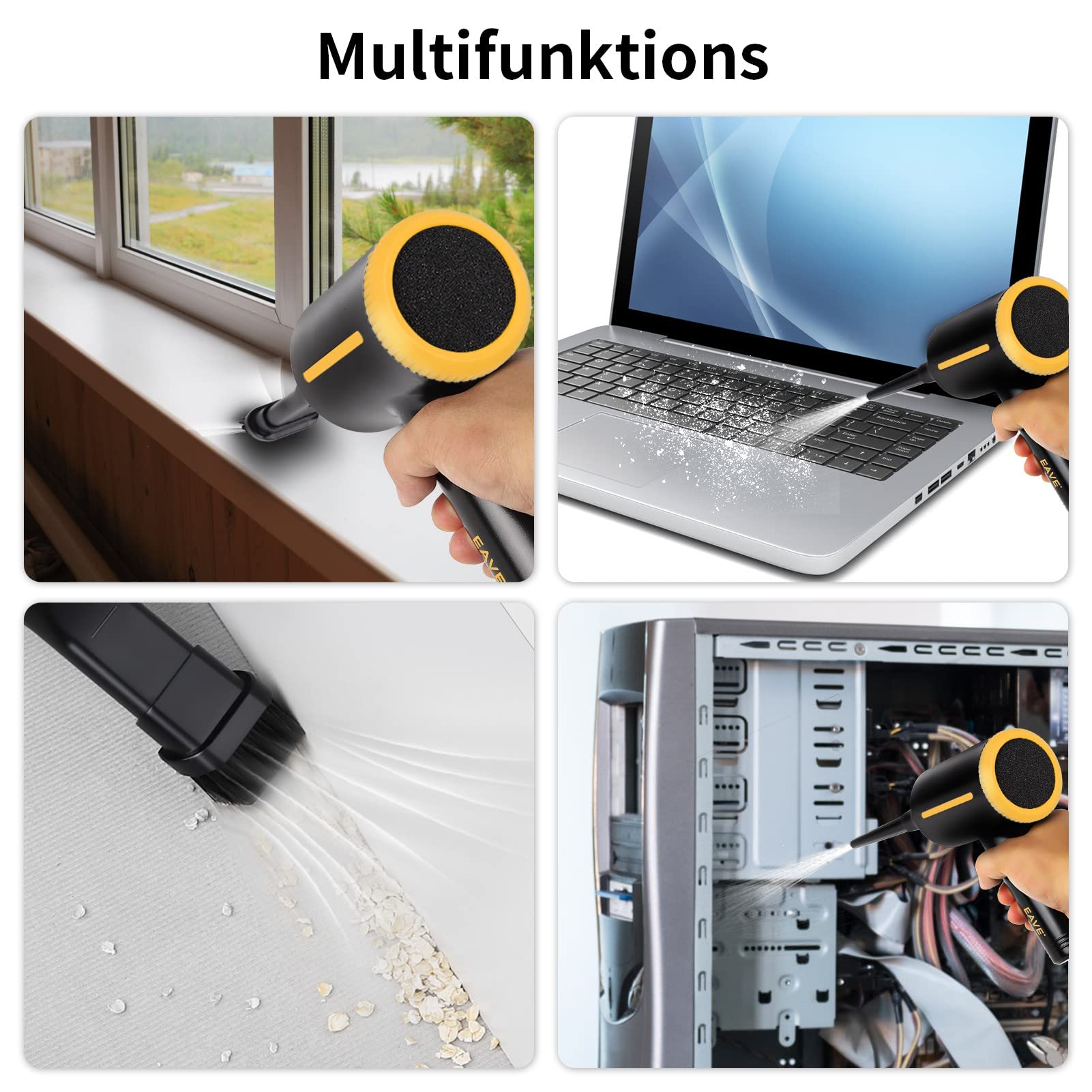 Eave Soffiatore Aria Compressa Set - 2 Velocità 500w Air Duster con Cavo da 3m e 3 Ugello di Soffiaggio, Pulitore Potente Aria Compressa Elettrico per PC, Alternativa alle Bomboletta Aria Compressa