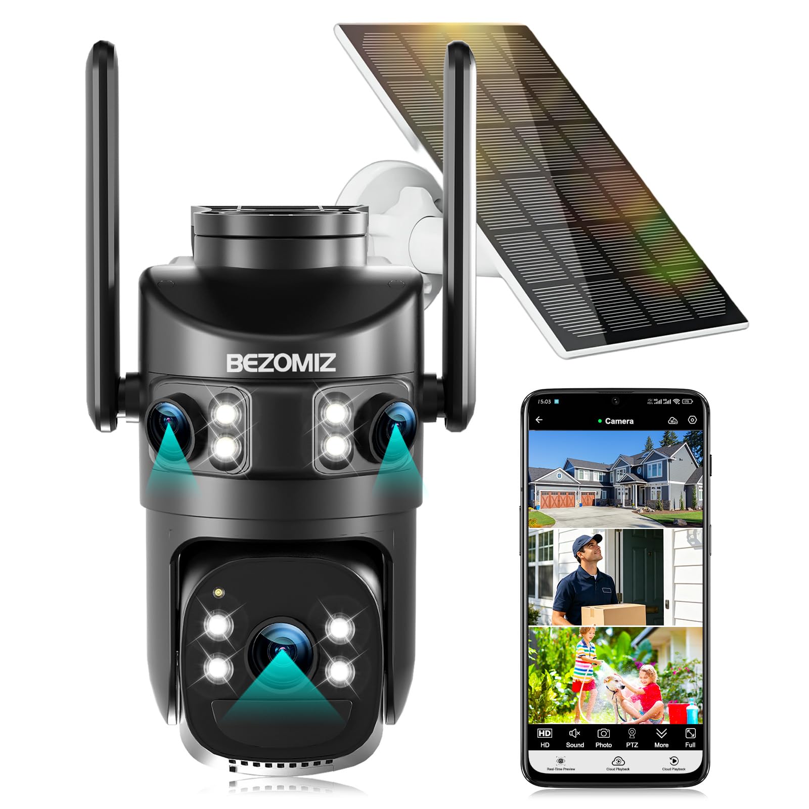 4K Caméra Surveillance WiFi Extérieure à triple objectif,2.4/5G WIFI,360° PTZ Camera Solaire,12MP Détection Humaine,avec Batterie,Suivi Automatique,Vision Nocturne Couleur,Étanche,Audio Bidirectionnel