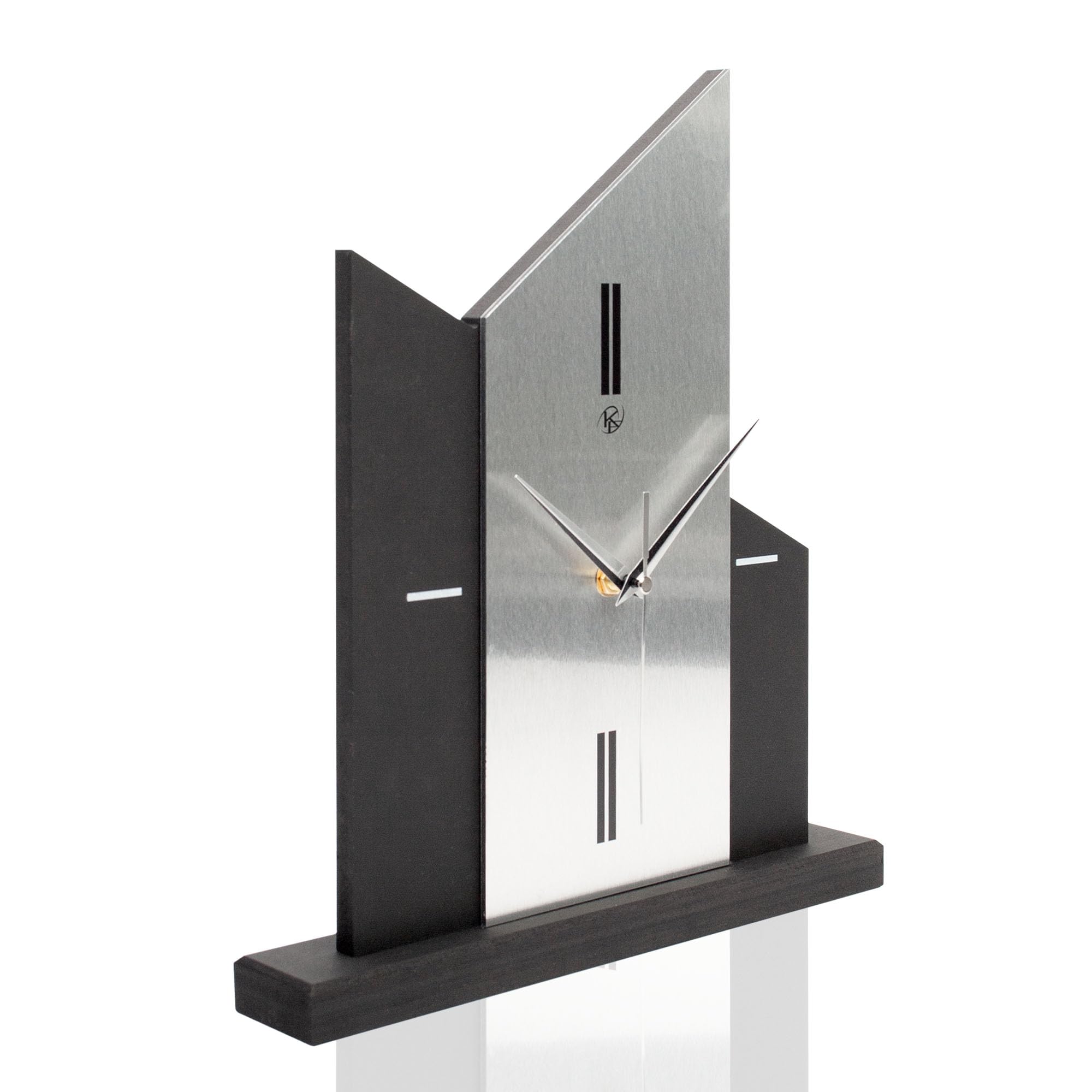 Kreative Feder Standuhr „Silver Church“ aus Holz – Schwarze Tisch-Uhr ohne Ticken; Größe ca. 34,5x30x5cm (Applikation Alu Silber, leises Quarzuhrwerk)