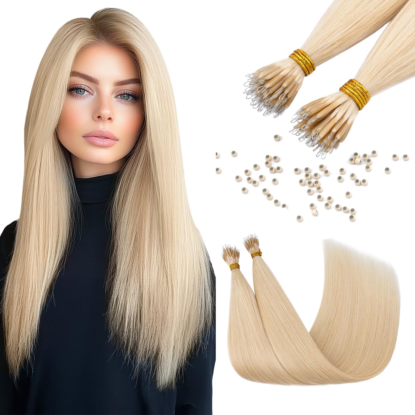 Elailite Hair Extensions Real Human Hair Nano Ring Nano Beads Cold Fusion 50 Strands 35g Straight (#613 Bleach Blonde, 22 Inch)