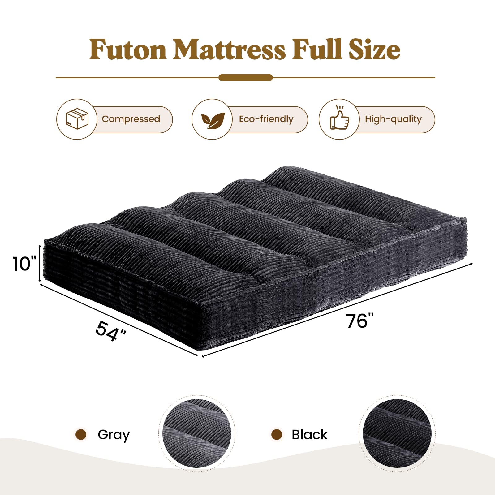 10" Futon Mattress Full Size, Ultra Thick Futons Sofa Couch Bed Sleeper Sofa Bed, Versatile Floor Futons Japanese Floor Mattress for Adults, Black (Frame Not Included)