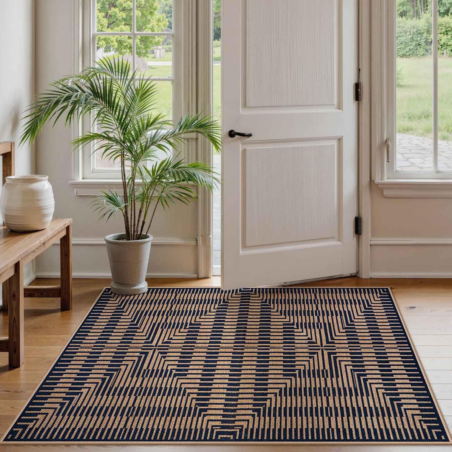 LIVEBOX Jute Look Area Rug 3x5 Indoor Front Door Mat, Washable Outdoor Porch Rugs Non Slip, Boho Geometric Striped Diamond Accent Rug for Entryway (3'x5', Dark Blue) - Image 8