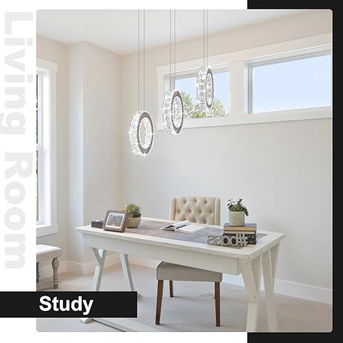 Miniatura 7 de Buccleuch Candelabro de cristal de 3 anillos, lámpara colgante LED regulable, luz colgante ajustable de acero inoxidable, candelabros de cristal