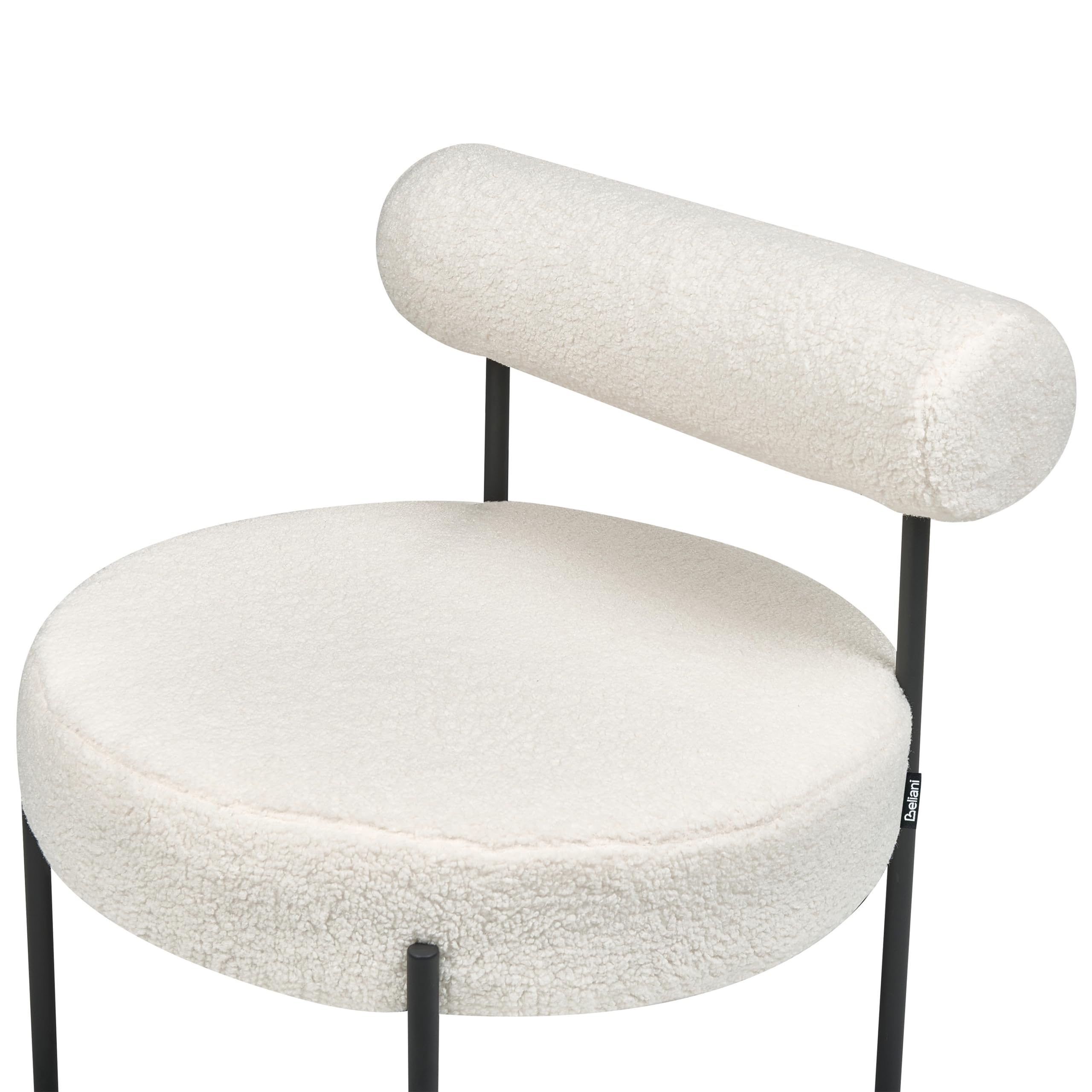 Sessel rund Bouclé weiß niedrige Lehne schwarze Metallbeine Retro Alpha