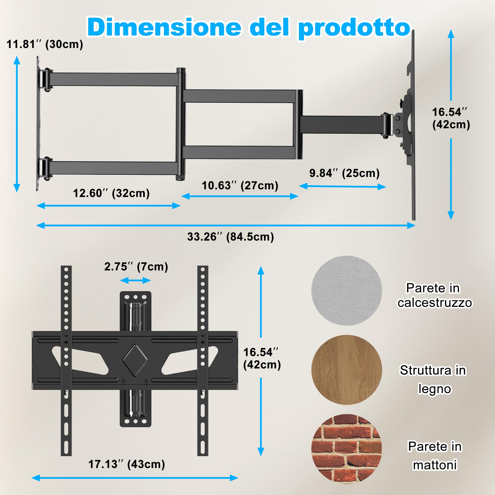 Supporto TV Parete con Braccio Extra Lungo 845mm per Schermi LCD/LED/OLED da 26-65 Pollici, Staffa TV Girevole Inclinabile ed Estendibile, Braccio TVs ad Angolo fino a 35kg, Max VESA 400x400mm