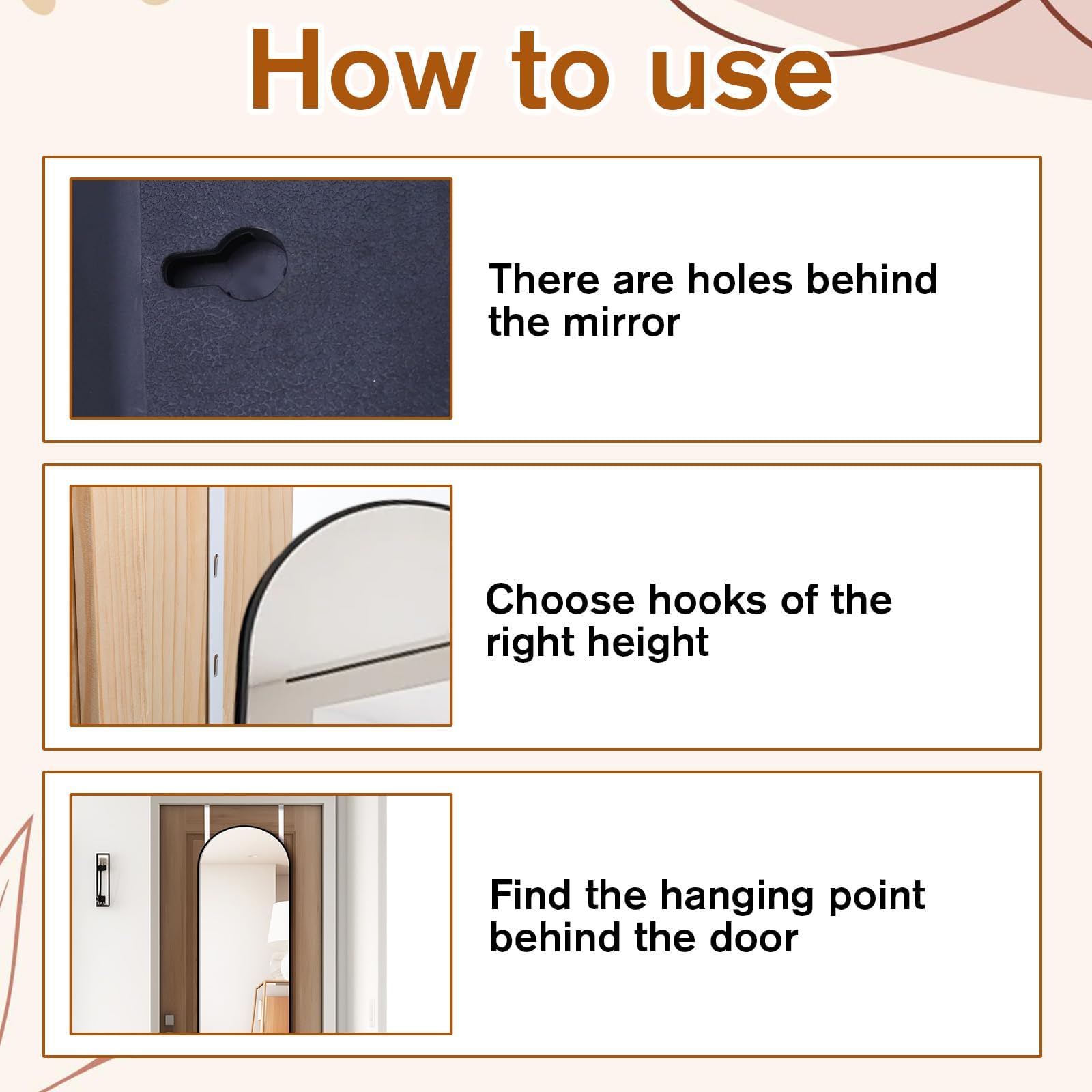 2Pcs Over The Door Mirror Hanger, Adjustable White Iron Mirror Hooks - No Tools Needed with Protective Lining, Capacity for Home Bathroom Bedroom Hanging Ornament 3
