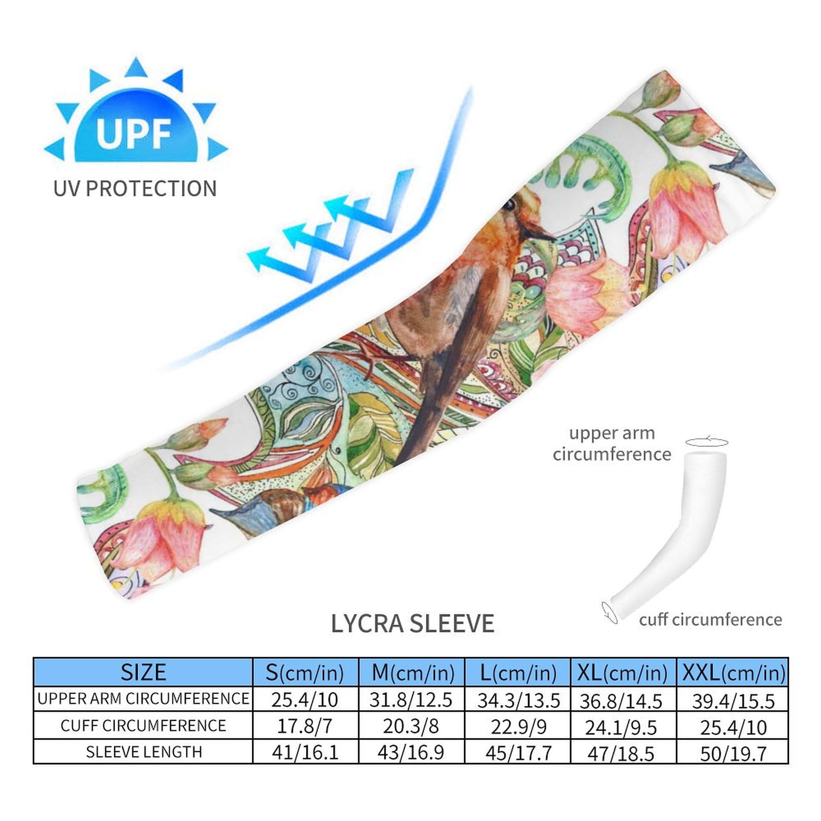 Xmkltbz 1 Pair Cooling Arm Sleeves, Unisex Warmer Spandex Sports Cover Uv Sun Protection for Cycling Golf Running XL Print Seamless Yellow Pink Blossoms Flowers with Leaves, Bird